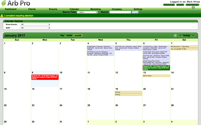 Arb Office calendar screen